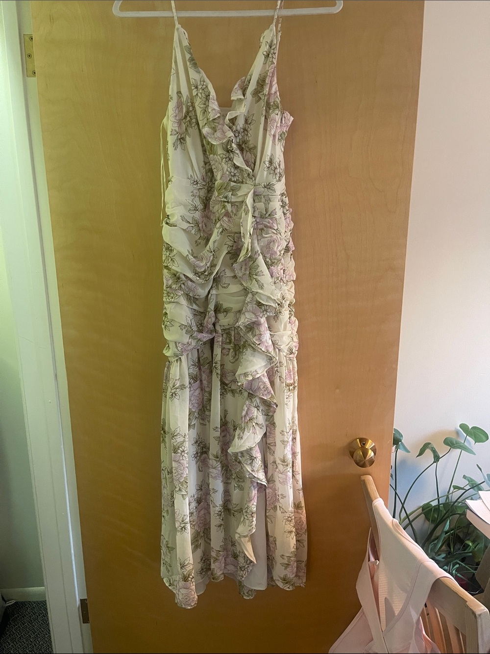Astr Cream Maxi Dress with Lavender Floral Ruffles